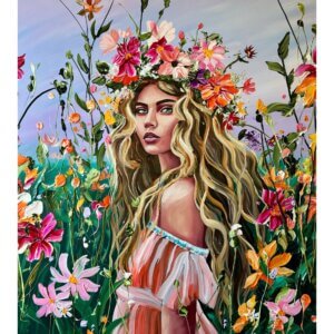 Among the flowers, she breathes plakat